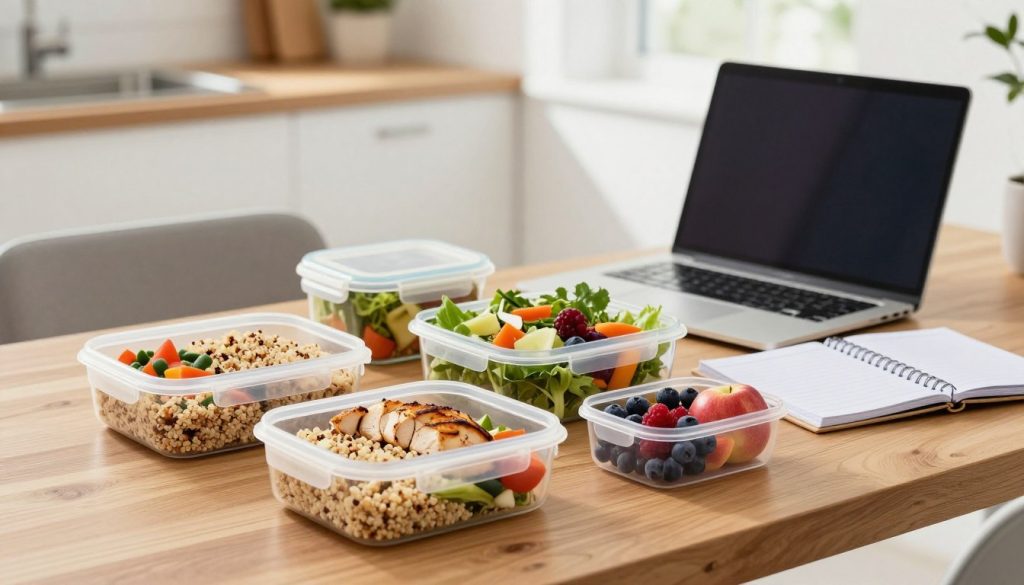 A balanced diet plan for busy professionals, depicted on a sleek wooden table. In the foreground, an assortment of meal prep containers showcasing colorful, nutritious meals—grilled chicken with quinoa and mixed vegetables, a vibrant salad with various greens, and fresh fruits like berries and apples. The middle ground features a stylish laptop and a planner, suggesting a professional atmosphere. In the background, softly blurred, a modern kitchen with bright, natural light streaming in through a window, creating an inviting and productive mood. The angle is slightly overhead, capturing the organization and aesthetic appeal of the food alongside work essentials, conveying a harmonious balance between nutrition and a busy lifestyle. A balanced diet plan for busy professionals, depicted on a sleek wooden table. In the foreground, an assortment of meal prep containers showcasing colorful, nutritious meals—grilled chicken with quinoa and mixed vegetables, a vibrant salad with various greens, and fresh fruits like berries and apples. The middle ground features a stylish laptop and a planner, suggesting a professional atmosphere. In the background, softly blurred, a modern kitchen with bright, natural light streaming in through a window, creating an inviting and productive mood. The angle is slightly overhead, capturing the organization and aesthetic appeal of the food alongside work essentials, conveying a harmonious balance between nutrition and a busy lifestyle.