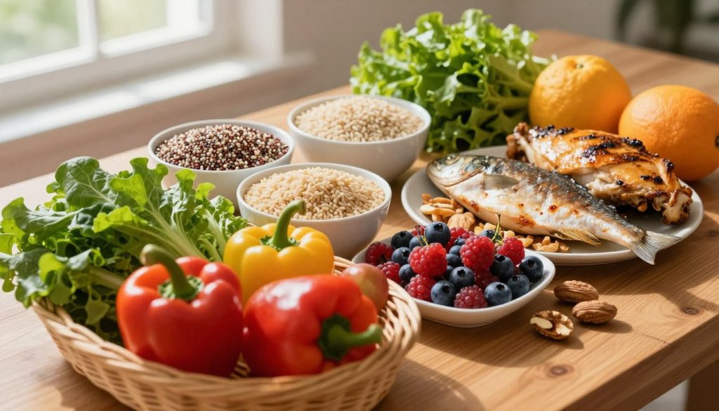 A beautifully arranged display of essential nutrients on a wooden table, capturing the vibrant colors and textures of fresh fruits and vegetables. In the foreground, there are colorful bell peppers, leafy greens, bright berries, and nuts artfully placed in a wicker basket. The middle section features whole grains like quinoa and brown rice in elegant bowls, alongside lean proteins such as grilled chicken and fish. In the background, soft natural light filters through a window, casting gentle shadows that create a warm and inviting atmosphere. The angle is slightly overhead, highlighting the abundance and diversity of nutrients. The overall mood evokes health, vitality, and the joy of wholesome eating, perfect for inspiring a nutritious lifestyle. A beautifully arranged display of essential nutrients on a wooden table, capturing the vibrant colors and textures of fresh fruits and vegetables. In the foreground, there are colorful bell peppers, leafy greens, bright berries, and nuts artfully placed in a wicker basket. The middle section features whole grains like quinoa and brown rice in elegant bowls, alongside lean proteins such as grilled chicken and fish. In the background, soft natural light filters through a window, casting gentle shadows that create a warm and inviting atmosphere. The angle is slightly overhead, highlighting the abundance and diversity of nutrients. The overall mood evokes health, vitality, and the joy of wholesome eating, perfect for inspiring a nutritious lifestyle.