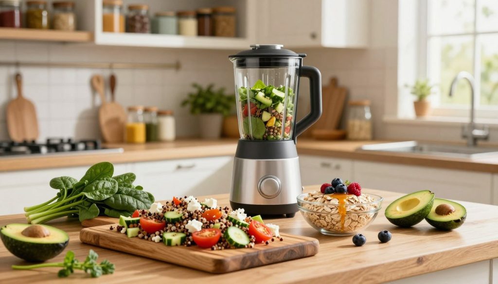 A beautifully arranged kitchen countertop featuring vibrant, easy-to-prepare dishes that cater to busy lifestyles. In the foreground, a colorful quinoa salad with cherry tomatoes, cucumbers, and a sprinkle of feta cheese on a rustic wooden cutting board. Next to it, a bowl of rolled oats topped with fresh berries and honey. In the middle, a sleek, modern blender, hinting at quick smoothies. Surrounding these dishes, fresh ingredients like a bunch of spinach, sliced avocado, and herbs. The background showcases open kitchen cabinets filled with neatly organized spices and cooking tools, illuminated by warm, natural light streaming in from a window, creating an inviting and energetic atmosphere. The entire scene embodies a balance of health, convenience, and vibrancy, perfect for quick, nutritious meal ideas. A beautifully arranged kitchen countertop featuring vibrant, easy-to-prepare dishes that cater to busy lifestyles. In the foreground, a colorful quinoa salad with cherry tomatoes, cucumbers, and a sprinkle of feta cheese on a rustic wooden cutting board. Next to it, a bowl of rolled oats topped with fresh berries and honey. In the middle, a sleek, modern blender, hinting at quick smoothies. Surrounding these dishes, fresh ingredients like a bunch of spinach, sliced avocado, and herbs. The background showcases open kitchen cabinets filled with neatly organized spices and cooking tools, illuminated by warm, natural light streaming in from a window, creating an inviting and energetic atmosphere. The entire scene embodies a balance of health, convenience, and vibrancy, perfect for quick, nutritious meal ideas.