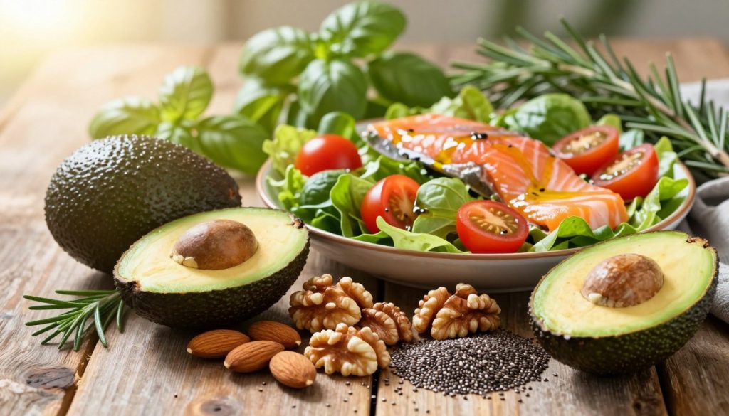 A beautifully arranged spread of healthy foods that boost energy and cognitive function. In the foreground, a vibrant assortment of superfoods like avocados, almonds, walnuts, and chia seeds, artfully placed on a rustic wooden table. In the middle, a colorful salad featuring leafy greens, cherry tomatoes, and slices of salmon drizzled with olive oil, radiating freshness. The background consists of soft-focus herbs like basil and rosemary, enhancing the organic feel. Natural sunlight streams in from the left, creating warm highlights and soft shadows. The mood is uplifting and energetic, evoking a sense of health and vitality. Capture the scene from a slightly elevated angle, focusing on the textures and colors of the ingredients, with a shallow depth of field to emphasize the food items. A beautifully arranged spread of healthy foods that boost energy and cognitive function. In the foreground, a vibrant assortment of superfoods like avocados, almonds, walnuts, and chia seeds, artfully placed on a rustic wooden table. In the middle, a colorful salad featuring leafy greens, cherry tomatoes, and slices of salmon drizzled with olive oil, radiating freshness. The background consists of soft-focus herbs like basil and rosemary, enhancing the organic feel. Natural sunlight streams in from the left, creating warm highlights and soft shadows. The mood is uplifting and energetic, evoking a sense of health and vitality. Capture the scene from a slightly elevated angle, focusing on the textures and colors of the ingredients, with a shallow depth of field to emphasize the food items.