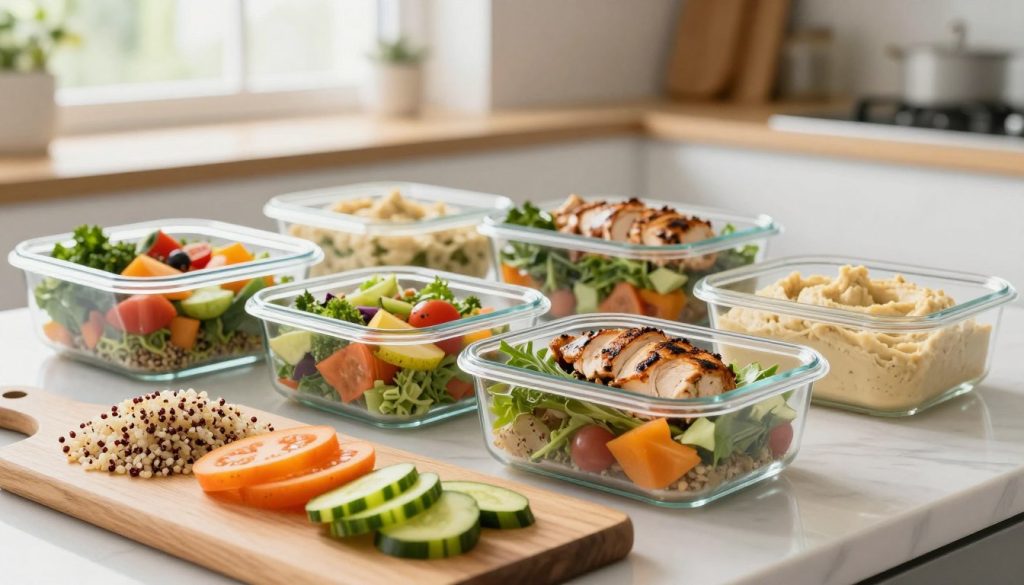 A beautifully organized meal prep scene showcasing a variety of healthy dishes in clear, glass containers. In the foreground, a wooden cutting board features vibrant, sliced vegetables and grains like quinoa and brown rice. In the middle, several neatly arranged meal prep containers filled with colorful salads, grilled chicken, and smooth hummus, demonstrating a simple yet nutritious array of meals. The background includes a bright and airy kitchen with soft natural light streaming through a window, highlighting the freshness of the ingredients. The atmosphere is inviting and inspiring, suggesting ease and accessibility in meal preparation. The lens angle is slightly elevated to capture the entire setup, ensuring a clean and professional look. A beautifully organized meal prep scene showcasing a variety of healthy dishes in clear, glass containers. In the foreground, a wooden cutting board features vibrant, sliced vegetables and grains like quinoa and brown rice. In the middle, several neatly arranged meal prep containers filled with colorful salads, grilled chicken, and smooth hummus, demonstrating a simple yet nutritious array of meals. The background includes a bright and airy kitchen with soft natural light streaming through a window, highlighting the freshness of the ingredients. The atmosphere is inviting and inspiring, suggesting ease and accessibility in meal preparation. The lens angle is slightly elevated to capture the entire setup, ensuring a clean and professional look.