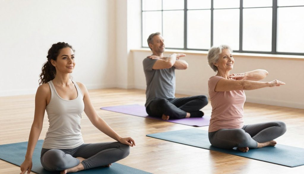 A bright and inviting fitness studio setting, featuring a diverse group of three beginner participants engaged in various mobility exercises. In the foreground, a young woman practices a gentle hip-opening stretch while wearing modest athletic wear. In the middle ground, a middle-aged man performs shoulder rolls, and beside him, an elderly woman demonstrates a seated torso twist, all smiling and showing enthusiasm for their routines. The background includes large windows allowing natural light to flood the room, creating a warm atmosphere. Soft wooden flooring and colorful exercise mats add to the inviting ambiance. The lighting is bright but soft, capturing a welcoming and encouraging environment for beginners. The angle is slightly elevated, showcasing the participants’ movements and fostering a sense of community and support. A bright and inviting fitness studio setting, featuring a diverse group of three beginner participants engaged in various mobility exercises. In the foreground, a young woman practices a gentle hip-opening stretch while wearing modest athletic wear. In the middle ground, a middle-aged man performs shoulder rolls, and beside him, an elderly woman demonstrates a seated torso twist, all smiling and showing enthusiasm for their routines. The background includes large windows allowing natural light to flood the room, creating a warm atmosphere. Soft wooden flooring and colorful exercise mats add to the inviting ambiance. The lighting is bright but soft, capturing a welcoming and encouraging environment for beginners. The angle is slightly elevated, showcasing the participants’ movements and fostering a sense of community and support.