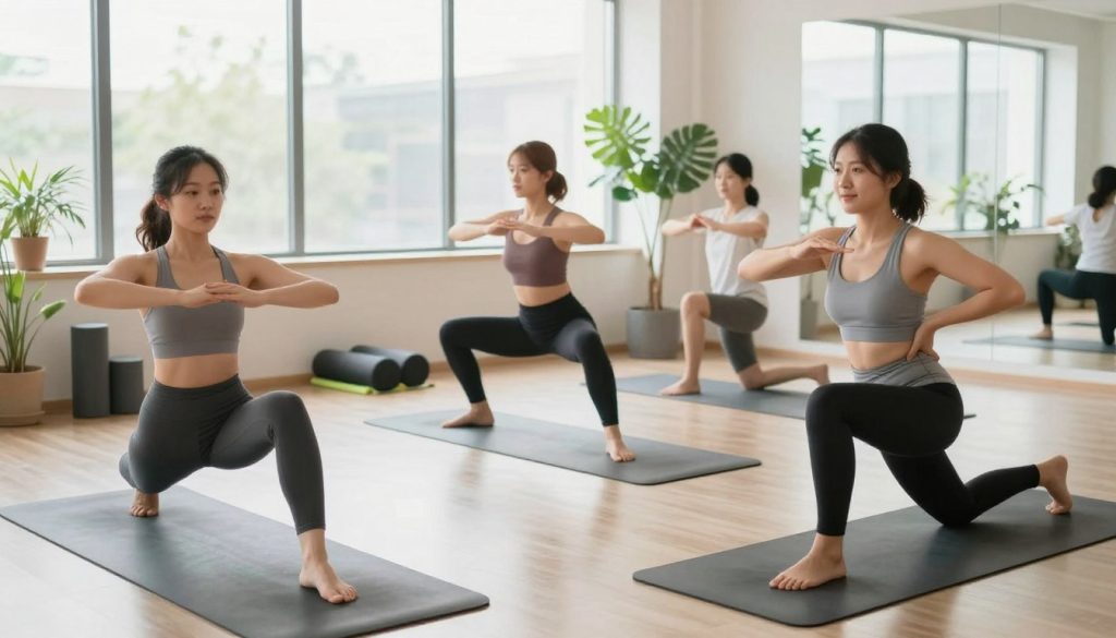 A bright and inviting fitness studio with large windows letting in natural light. In the foreground, a diverse group of three individuals, dressed in comfortable athletic wear, engage in lower body mobility exercises on yoga mats. The focus is on their form, showcasing movements like squats, lunges, and hip stretches. In the middle ground, several exercise props such as resistance bands and foam rollers are arranged neatly. The background features green plants to add a touch of nature, creating a calm atmosphere. The lighting is soft yet bright, enhancing the positive energy of the scene. The overall mood is motivating and encouraging, perfect for beginners exploring mobility routines. A bright and inviting fitness studio with large windows letting in natural light. In the foreground, a diverse group of three individuals, dressed in comfortable athletic wear, engage in lower body mobility exercises on yoga mats. The focus is on their form, showcasing movements like squats, lunges, and hip stretches. In the middle ground, several exercise props such as resistance bands and foam rollers are arranged neatly. The background features green plants to add a touch of nature, creating a calm atmosphere. The lighting is soft yet bright, enhancing the positive energy of the scene. The overall mood is motivating and encouraging, perfect for beginners exploring mobility routines.