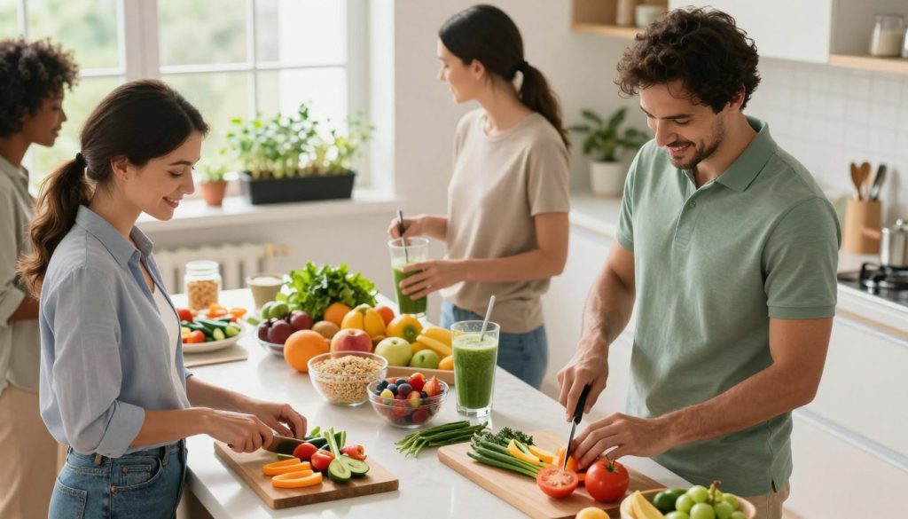 A bright and inviting kitchen setting, showcasing a diverse group of individuals engaging in healthy lifestyle activities. In the foreground, a woman in professional casual attire is chopping colorful vegetables on a cutting board, while a man in a fitted polo shirt is blending a green smoothie. In the middle, a table is arranged with fresh fruits, whole grains, and healthy snacks, exuding vibrant colors. In the background, sunlight streams through a window, illuminating a small indoor herb garden. The atmosphere is uplifting and motivational, conveying a sense of community and support. Use soft natural lighting to enhance the warmth and positivity of the scene, and employ a slightly elevated angle to capture the dynamic interactions and healthy foods effectively. A bright and inviting kitchen setting, showcasing a diverse group of individuals engaging in healthy lifestyle activities. In the foreground, a woman in professional casual attire is chopping colorful vegetables on a cutting board, while a man in a fitted polo shirt is blending a green smoothie. In the middle, a table is arranged with fresh fruits, whole grains, and healthy snacks, exuding vibrant colors. In the background, sunlight streams through a window, illuminating a small indoor herb garden. The atmosphere is uplifting and motivational, conveying a sense of community and support. Use soft natural lighting to enhance the warmth and positivity of the scene, and employ a slightly elevated angle to capture the dynamic interactions and healthy foods effectively.