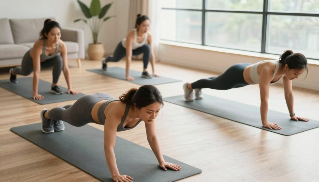 A bright and motivating home workout scene featuring a diverse group of individuals engaged in various bodyweight exercises for fat loss. In the foreground, depict two people: a woman performing a plank and a man doing push-ups, both in comfortable, modest athletic wear. In the middle ground, include a yoga mat with a person doing squats, and another individual in a lunging position. The background shows a well-lit living room with large windows allowing natural light to flood in, creating an energetic and uplifting atmosphere. Use a warm color palette to enhance the inviting feel. The angle should be slightly elevated, capturing the dynamic energy of the workout while emphasizing the concept of creating effective home routines for fat loss. A bright and motivating home workout scene featuring a diverse group of individuals engaged in various bodyweight exercises for fat loss. In the foreground, depict two people: a woman performing a plank and a man doing push-ups, both in comfortable, modest athletic wear. In the middle ground, include a yoga mat with a person doing squats, and another individual in a lunging position. The background shows a well-lit living room with large windows allowing natural light to flood in, creating an energetic and uplifting atmosphere. Use a warm color palette to enhance the inviting feel. The angle should be slightly elevated, capturing the dynamic energy of the workout while emphasizing the concept of creating effective home routines for fat loss.