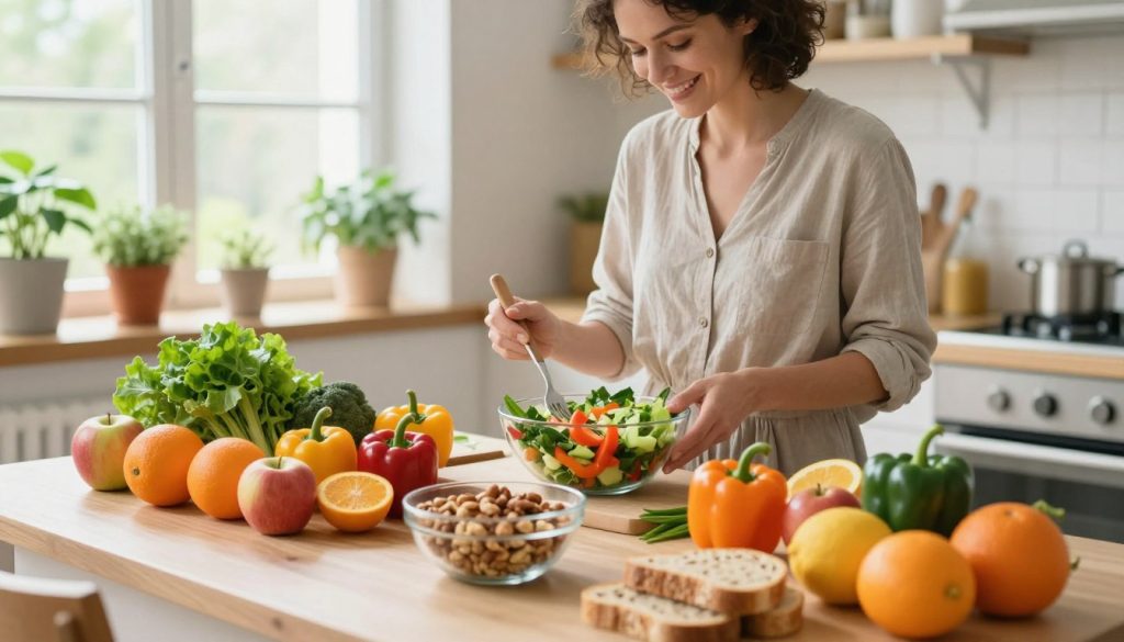 A bright, inviting kitchen scene focused on healthy eating habits. In the foreground, a dining table laden with vibrant, fresh fruits and vegetables, including apples, oranges, leafy greens, and colorful bell peppers, arranged artfully. A glass bowl of mixed nuts and whole grain bread complements the display. In the middle, a woman in modest casual clothing prepares a colorful salad, her expression cheerful and determined, emphasizing the joy of healthy cooking. The background features a sunlit window with green potted herbs, suggesting a fresh, homely atmosphere. Soft, natural lighting enhances the colors and textures of the food. The overall mood is uplifting and motivational, embodying the spirit of overcoming challenges in healthy eating. The angle captures the scene from a slightly elevated perspective, inviting viewers into the space. A bright, inviting kitchen scene focused on healthy eating habits. In the foreground, a dining table laden with vibrant, fresh fruits and vegetables, including apples, oranges, leafy greens, and colorful bell peppers, arranged artfully. A glass bowl of mixed nuts and whole grain bread complements the display. In the middle, a woman in modest casual clothing prepares a colorful salad, her expression cheerful and determined, emphasizing the joy of healthy cooking. The background features a sunlit window with green potted herbs, suggesting a fresh, homely atmosphere. Soft, natural lighting enhances the colors and textures of the food. The overall mood is uplifting and motivational, embodying the spirit of overcoming challenges in healthy eating. The angle captures the scene from a slightly elevated perspective, inviting viewers into the space.