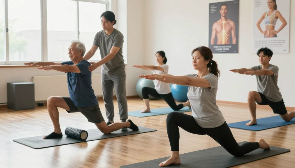 A bright, well-lit gym environment showcasing a diverse group of individuals performing various mobility exercises. In the foreground, a middle-aged woman in professional athletic attire is demonstrating a gentle stretching maneuver, highlighting proper form and technique. Next to her, a young man is using a foam roller, emphasizing self-care and injury prevention. In the middle ground, a trainer attentively assists an elderly participant, ensuring safety and providing guidance. The background features exercise mats, stability balls, and motivational posters focused on joint health and mobility, creating an atmosphere of encouragement and support. Soft, natural lighting filters in through large windows, giving the scene a warm and inviting feel. The overall mood is focused on safety, education, and community wellness. A bright, well-lit gym environment showcasing a diverse group of individuals performing various mobility exercises. In the foreground, a middle-aged woman in professional athletic attire is demonstrating a gentle stretching maneuver, highlighting proper form and technique. Next to her, a young man is using a foam roller, emphasizing self-care and injury prevention. In the middle ground, a trainer attentively assists an elderly participant, ensuring safety and providing guidance. The background features exercise mats, stability balls, and motivational posters focused on joint health and mobility, creating an atmosphere of encouragement and support. Soft, natural lighting filters in through large windows, giving the scene a warm and inviting feel. The overall mood is focused on safety, education, and community wellness.