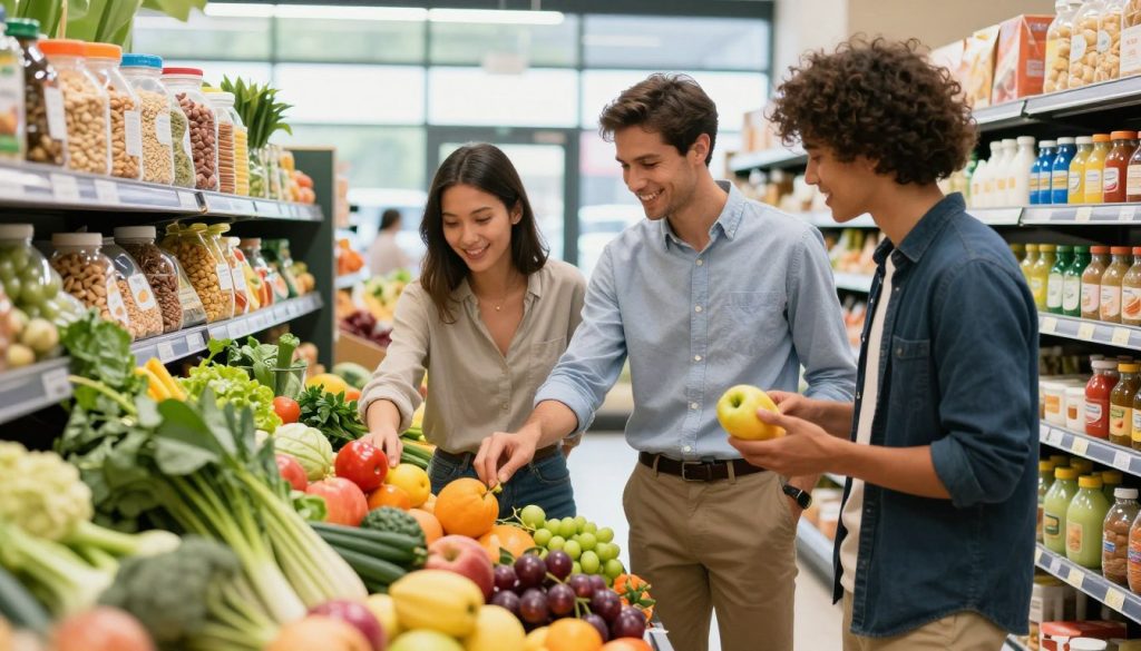 A brightly lit grocery store interior filled with fresh produce and healthy food options. In the foreground, a diverse group of three individuals (a woman in a modest casual top, a man in a well-fitted button-down shirt, and a younger person in smart casual attire) happily selecting organic fruits and vegetables. The middle ground showcases colorful grocery aisles stacked with whole grains, nuts, and dairy alternatives, emphasizing a commitment to nutritious choices. In the background, natural light filters through large windows, illuminating the vibrant greens, reds, and yellows of fresh ingredients. The mood is lively and uplifting, reflecting a positive approach to healthy eating and grocery shopping. The focus is on connection, health, and the joy of making better food choices. A brightly lit grocery store interior filled with fresh produce and healthy food options. In the foreground, a diverse group of three individuals (a woman in a modest casual top, a man in a well-fitted button-down shirt, and a younger person in smart casual attire) happily selecting organic fruits and vegetables. The middle ground showcases colorful grocery aisles stacked with whole grains, nuts, and dairy alternatives, emphasizing a commitment to nutritious choices. In the background, natural light filters through large windows, illuminating the vibrant greens, reds, and yellows of fresh ingredients. The mood is lively and uplifting, reflecting a positive approach to healthy eating and grocery shopping. The focus is on connection, health, and the joy of making better food choices.