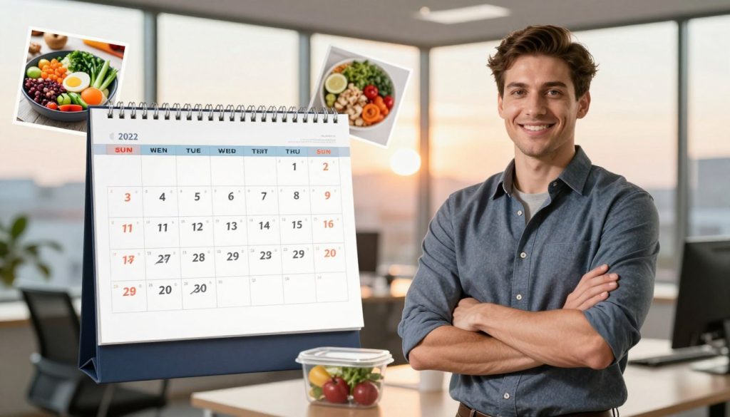 A busy professional in a modern office setting, showcasing a fat loss transformation over time. In the foreground, a confident individual in smart casual attire stands with their arms crossed, displaying a fit physique and a confident smile. In the middle ground, a calendar is visible with crossed-out dates indicating a consistent workout routine and healthy meal prep, while images of nutritious meals and fitness gear are scattered around. In the background, a setting sun filters through large windows, casting warm light that enhances the atmosphere of determination and positivity. The overall mood conveys empowerment and focus, highlighting the interplay of professional life and personal health goals, captured with a soft focus lens to create an inspiring ambiance. A busy professional in a modern office setting, showcasing a fat loss transformation over time. In the foreground, a confident individual in smart casual attire stands with their arms crossed, displaying a fit physique and a confident smile. In the middle ground, a calendar is visible with crossed-out dates indicating a consistent workout routine and healthy meal prep, while images of nutritious meals and fitness gear are scattered around. In the background, a setting sun filters through large windows, casting warm light that enhances the atmosphere of determination and positivity. The overall mood conveys empowerment and focus, highlighting the interplay of professional life and personal health goals, captured with a soft focus lens to create an inspiring ambiance.