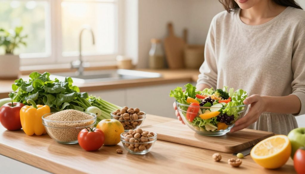 A clean, inviting kitchen scene filled with fresh fruits and vegetables, meticulously arranged on a wooden countertop. In the foreground, a smiling, casually dressed adult holding a colorful salad bowl, demonstrating healthy meal preparation. The middle ground features a bright assortment of whole foods like quinoa, leafy greens, and nuts displayed artistically. In the background, sunlight streams through a window, giving a warm glow to the space and creating a cheerful atmosphere. The focus is soft yet vibrant, highlighting the natural colors of the food. The overall mood conveys simplicity and accessibility, encouraging beginners to embrace healthy eating habits without feeling overwhelmed. No text or people with revealed skin are present. A clean, inviting kitchen scene filled with fresh fruits and vegetables, meticulously arranged on a wooden countertop. In the foreground, a smiling, casually dressed adult holding a colorful salad bowl, demonstrating healthy meal preparation. The middle ground features a bright assortment of whole foods like quinoa, leafy greens, and nuts displayed artistically. In the background, sunlight streams through a window, giving a warm glow to the space and creating a cheerful atmosphere. The focus is soft yet vibrant, highlighting the natural colors of the food. The overall mood conveys simplicity and accessibility, encouraging beginners to embrace healthy eating habits without feeling overwhelmed. No text or people with revealed skin are present.