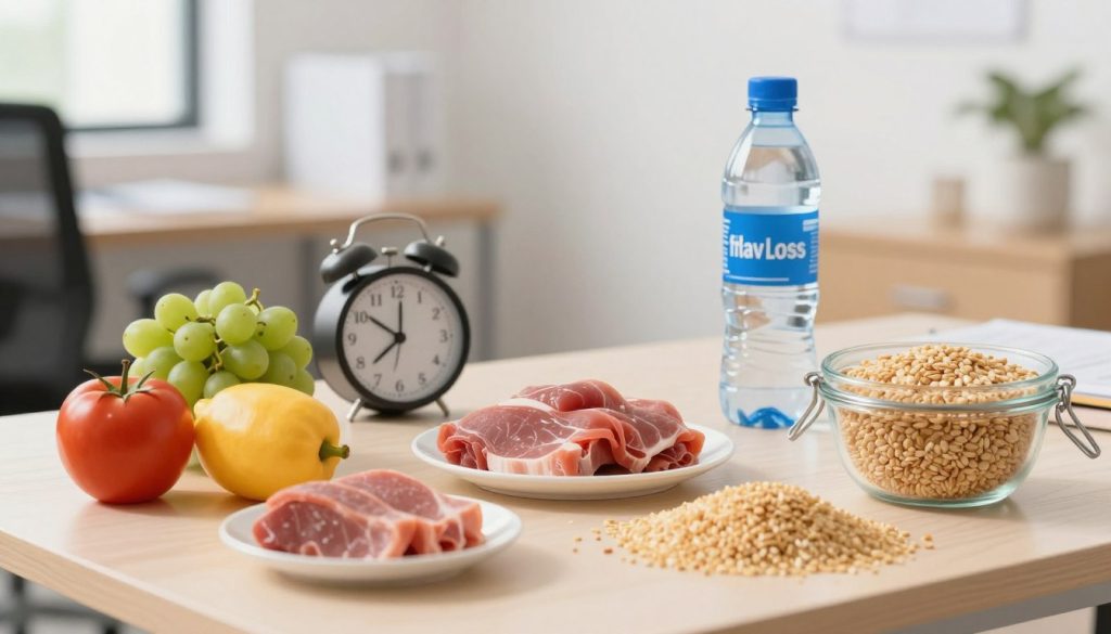 A close-up illustration showing the essential components of metabolism for fat loss. In the foreground, feature a neatly organized table with visual elements such as colorful fruits, lean proteins, and whole grains symbolizing a healthy diet. In the middle, include a digital clock and a water bottle, representing a busy lifestyle. The background should have a soft-focus of an office setting, hinting at a work environment. Use natural lighting to create a bright and encouraging atmosphere. The overall mood should be motivating, aimed at busy professionals seeking to understand metabolic processes. Use warm colors to evoke a sense of comfort and positivity, ensuring the image is clear, informative, and aesthetically pleasing, suitable for an educational context. A close-up illustration showing the essential components of metabolism for fat loss. In the foreground, feature a neatly organized table with visual elements such as colorful fruits, lean proteins, and whole grains symbolizing a healthy diet. In the middle, include a digital clock and a water bottle, representing a busy lifestyle. The background should have a soft-focus of an office setting, hinting at a work environment. Use natural lighting to create a bright and encouraging atmosphere. The overall mood should be motivating, aimed at busy professionals seeking to understand metabolic processes. Use warm colors to evoke a sense of comfort and positivity, ensuring the image is clear, informative, and aesthetically pleasing, suitable for an educational context.