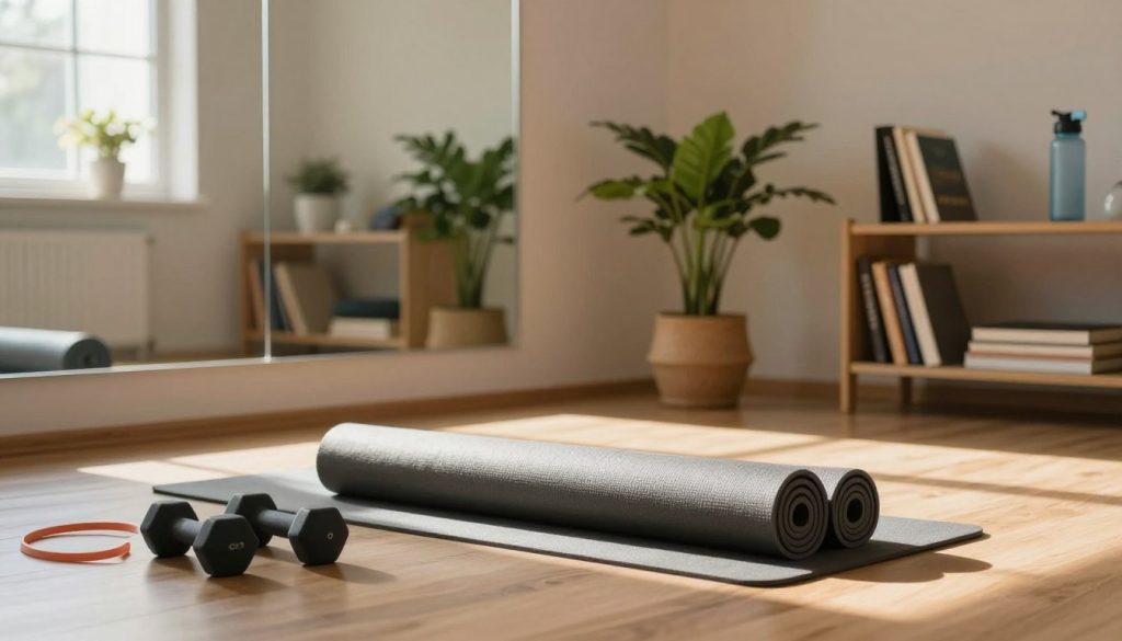 A cozy and inviting home workout space designed for beginners. In the foreground, a yoga mat is rolled out with a set of dumbbells and a resistance band placed neatly beside it. In the middle ground, a large mirror reflects natural light coming in from a window, enhancing the spacious feel. A potted plant adds a touch of greenery, creating a fresh atmosphere. In the background, shelves hold fitness books and a water bottle, emphasizing a commitment to healthy living. The lighting is soft and warm, casting gentle shadows that add depth. The overall mood is motivational and serene, perfect for encouraging a workout routine. A cozy and inviting home workout space designed for beginners. In the foreground, a yoga mat is rolled out with a set of dumbbells and a resistance band placed neatly beside it. In the middle ground, a large mirror reflects natural light coming in from a window, enhancing the spacious feel. A potted plant adds a touch of greenery, creating a fresh atmosphere. In the background, shelves hold fitness books and a water bottle, emphasizing a commitment to healthy living. The lighting is soft and warm, casting gentle shadows that add depth. The overall mood is motivational and serene, perfect for encouraging a workout routine.