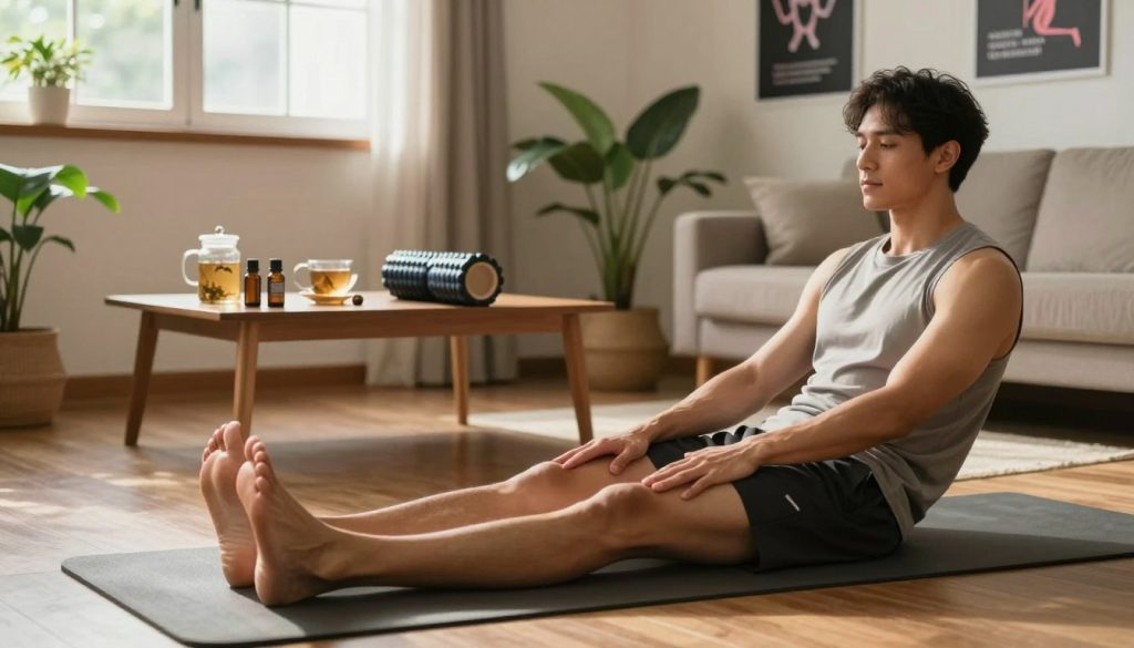 A cozy home setting depicting the muscle recovery process. In the foreground, a fit individual in modest athletic wear is stretching on a yoga mat, demonstrating deep relaxation with a calm expression. In the middle, a table displays natural remedy tools like essential oils, a foam roller, and herbal tea, signifying effective home recovery methods. The background showcases a softly lit room with warm, natural lighting filtering through a window, plants gently swaying, and motivational fitness posters on the wall. The atmosphere is serene and inviting, conveying the peacefulness of a home environment focused on self-care and recovery. Capture this scene from a slightly elevated angle to emphasize both the subject and the setting, creating a harmonious blend of relaxation and wellness. A cozy home setting depicting the muscle recovery process. In the foreground, a fit individual in modest athletic wear is stretching on a yoga mat, demonstrating deep relaxation with a calm expression. In the middle, a table displays natural remedy tools like essential oils, a foam roller, and herbal tea, signifying effective home recovery methods. The background showcases a softly lit room with warm, natural lighting filtering through a window, plants gently swaying, and motivational fitness posters on the wall. The atmosphere is serene and inviting, conveying the peacefulness of a home environment focused on self-care and recovery. Capture this scene from a slightly elevated angle to emphasize both the subject and the setting, creating a harmonious blend of relaxation and wellness.