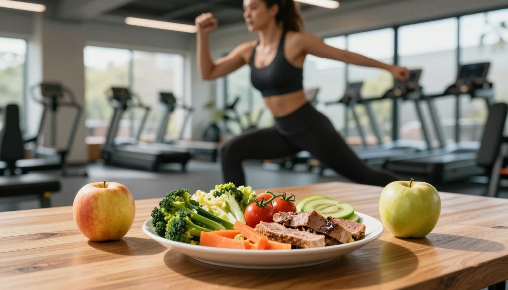 A dynamic composition illustrating the process of boosting metabolism for fat burning. In the foreground, a close-up of a healthy meal comprising vibrant vegetables, lean proteins, and fruits, arranged artfully on a modern wooden table. In the middle ground, a fit individual dressed in professional activewear, engaging in a vigorous exercise routine, showcasing strength and determination. The background features a softly blurred gym environment with natural light streaming through large windows, casting gentle shadows, creating an optimistic and energetic atmosphere. Utilize a slightly low-angle shot to convey empowerment and motivation. The overall mood should evoke a sense of healthy living and vitality, inviting viewers to embrace natural weight loss methods. A dynamic composition illustrating the process of boosting metabolism for fat burning. In the foreground, a close-up of a healthy meal comprising vibrant vegetables, lean proteins, and fruits, arranged artfully on a modern wooden table. In the middle ground, a fit individual dressed in professional activewear, engaging in a vigorous exercise routine, showcasing strength and determination. The background features a softly blurred gym environment with natural light streaming through large windows, casting gentle shadows, creating an optimistic and energetic atmosphere. Utilize a slightly low-angle shot to convey empowerment and motivation. The overall mood should evoke a sense of healthy living and vitality, inviting viewers to embrace natural weight loss methods.