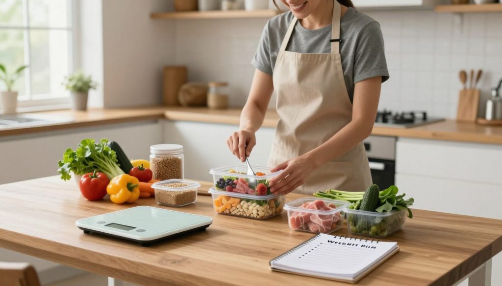 A modern, minimalist home kitchen setting, focused on a wooden table displaying healthy meal prep ingredients: fresh vegetables, whole grains, and lean protein options in neat containers. In the foreground, a digital scale and a notebook with a simple weight loss plan outline, emphasizing portion control and balanced meals. The middle ground features a fit, casually dressed individual, reflecting determination as they measure ingredients, wearing an apron, with a bright smile. In the background, warm natural light filters in through a window, adding a cozy and inviting atmosphere. The overall mood is motivational and supportive, conveying the idea of a safe and effective weight loss journey for beginners, aiming for clarity and inspiration. A modern, minimalist home kitchen setting, focused on a wooden table displaying healthy meal prep ingredients: fresh vegetables, whole grains, and lean protein options in neat containers. In the foreground, a digital scale and a notebook with a simple weight loss plan outline, emphasizing portion control and balanced meals. The middle ground features a fit, casually dressed individual, reflecting determination as they measure ingredients, wearing an apron, with a bright smile. In the background, warm natural light filters in through a window, adding a cozy and inviting atmosphere. The overall mood is motivational and supportive, conveying the idea of a safe and effective weight loss journey for beginners, aiming for clarity and inspiration.