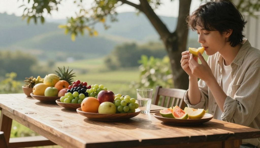 A serene dining table set outdoors under soft, natural light, featuring a variety of colorful fruits and vegetables artfully arranged on rustic wooden plates. In the foreground, a person dressed in modest casual clothing sits comfortably, practicing mindful eating by slowly savoring a piece of fresh fruit, their expression reflecting calm and focus. The middle ground showcases a gentle breeze rustling the leaves of nearby trees, enhancing the tranquil atmosphere. In the background, a blurred landscape of green hills adds depth without distracting from the central theme. The warm, inviting lighting casts soft shadows, creating a peaceful mood that emphasizes the importance of enjoying healthy food mindfully. A serene dining table set outdoors under soft, natural light, featuring a variety of colorful fruits and vegetables artfully arranged on rustic wooden plates. In the foreground, a person dressed in modest casual clothing sits comfortably, practicing mindful eating by slowly savoring a piece of fresh fruit, their expression reflecting calm and focus. The middle ground showcases a gentle breeze rustling the leaves of nearby trees, enhancing the tranquil atmosphere. In the background, a blurred landscape of green hills adds depth without distracting from the central theme. The warm, inviting lighting casts soft shadows, creating a peaceful mood that emphasizes the importance of enjoying healthy food mindfully.