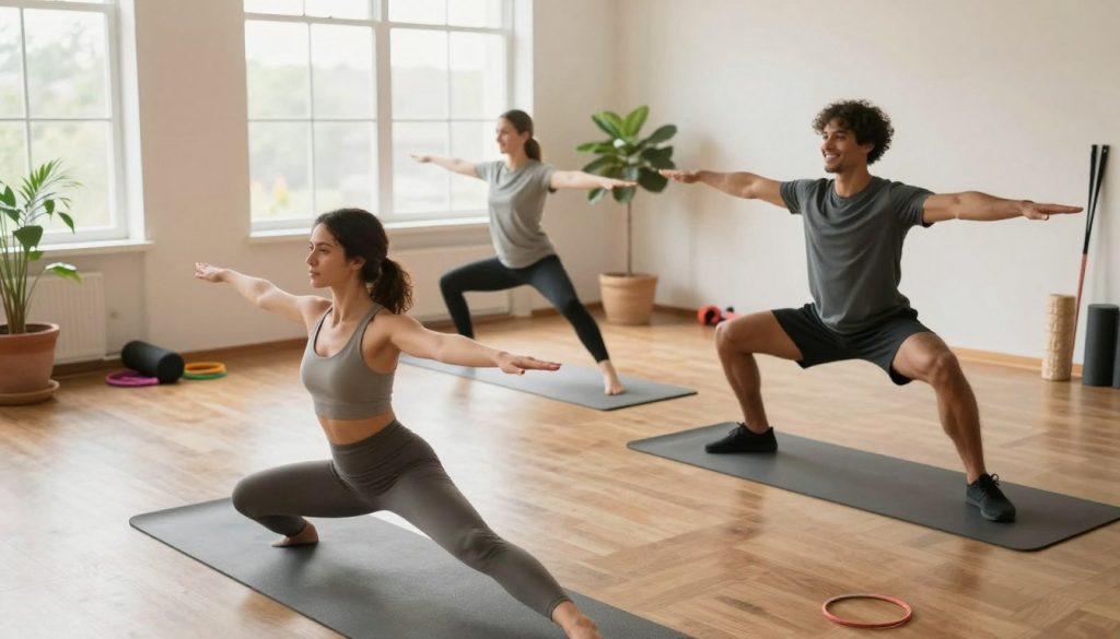 A serene home gym setting showcasing a diverse group of beginners engaging in daily mobility exercises. In the foreground, a woman performs a stretching routine on a yoga mat, wearing comfortable athletic wear, focusing on her posture. Beside her, a man is practicing dynamic lunges with a cheerful, determined expression. In the middle ground, a background of soft, natural light filtering through large windows illuminates the space, highlighting a few potted plants and exercise equipment like resistance bands and foam rollers. The atmosphere is calm yet motivational, conveying a sense of community and personal growth. The angle is slightly elevated, allowing a clear view of the exercises being performed. The overall color palette is warm and inviting, promoting a feeling of wellness and positivity. A serene home gym setting showcasing a diverse group of beginners engaging in daily mobility exercises. In the foreground, a woman performs a stretching routine on a yoga mat, wearing comfortable athletic wear, focusing on her posture. Beside her, a man is practicing dynamic lunges with a cheerful, determined expression. In the middle ground, a background of soft, natural light filtering through large windows illuminates the space, highlighting a few potted plants and exercise equipment like resistance bands and foam rollers. The atmosphere is calm yet motivational, conveying a sense of community and personal growth. The angle is slightly elevated, allowing a clear view of the exercises being performed. The overall color palette is warm and inviting, promoting a feeling of wellness and positivity.