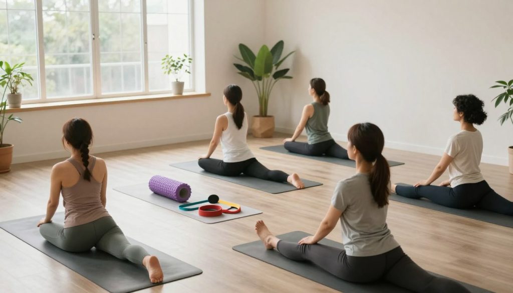 A serene indoor environment featuring a bright, sunlit room with large windows. In the foreground, a diverse group of individuals practicing gentle stretching exercises, clad in modest athletic wear. One person is shown performing a seated hamstring stretch, while another is doing a standing quadriceps stretch. In the middle, a yoga mat is laid out with props like a foam roller and resistance bands. The background showcases calming wall colors, indoor plants, and soft, diffused natural light streaming in, creating a peaceful and inviting atmosphere. The scene captures a sense of relaxation and focus, embodying the importance of muscle recovery and gentle movement exercises. The angle is slightly elevated, providing a comprehensive view of the exercise movements and the serene environment. A serene indoor environment featuring a bright, sunlit room with large windows. In the foreground, a diverse group of individuals practicing gentle stretching exercises, clad in modest athletic wear. One person is shown performing a seated hamstring stretch, while another is doing a standing quadriceps stretch. In the middle, a yoga mat is laid out with props like a foam roller and resistance bands. The background showcases calming wall colors, indoor plants, and soft, diffused natural light streaming in, creating a peaceful and inviting atmosphere. The scene captures a sense of relaxation and focus, embodying the importance of muscle recovery and gentle movement exercises. The angle is slightly elevated, providing a comprehensive view of the exercise movements and the serene environment.