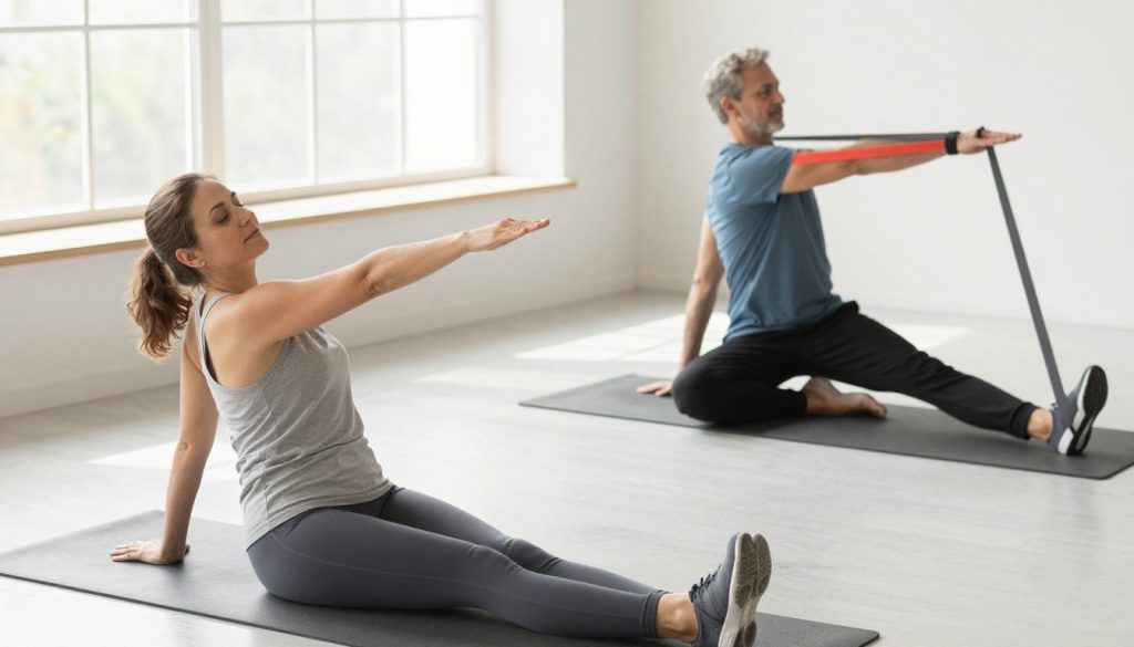 A serene indoor fitness space featuring a diverse group of three individuals demonstrating various basic mobility exercises suitable for relieving joint stiffness. In the foreground, a middle-aged woman in modest athletic wear is performing a gentle spinal twist. Beside her, a young man in comfortable, professional attire is doing an ankle stretch, focusing on his form. In the background, a senior gentleman is using a resistance band for shoulder mobility, showcasing his effort. The atmosphere is bright and encouraging, with soft natural light streaming in through large windows. The perspective is slightly elevated, capturing the entire scene, while soft shadows create a welcoming environment. The overall mood is one of wellness and positivity, as the individuals engage in healthy movement together. A serene indoor fitness space featuring a diverse group of three individuals demonstrating various basic mobility exercises suitable for relieving joint stiffness. In the foreground, a middle-aged woman in modest athletic wear is performing a gentle spinal twist. Beside her, a young man in comfortable, professional attire is doing an ankle stretch, focusing on his form. In the background, a senior gentleman is using a resistance band for shoulder mobility, showcasing his effort. The atmosphere is bright and encouraging, with soft natural light streaming in through large windows. The perspective is slightly elevated, capturing the entire scene, while soft shadows create a welcoming environment. The overall mood is one of wellness and positivity, as the individuals engage in healthy movement together.