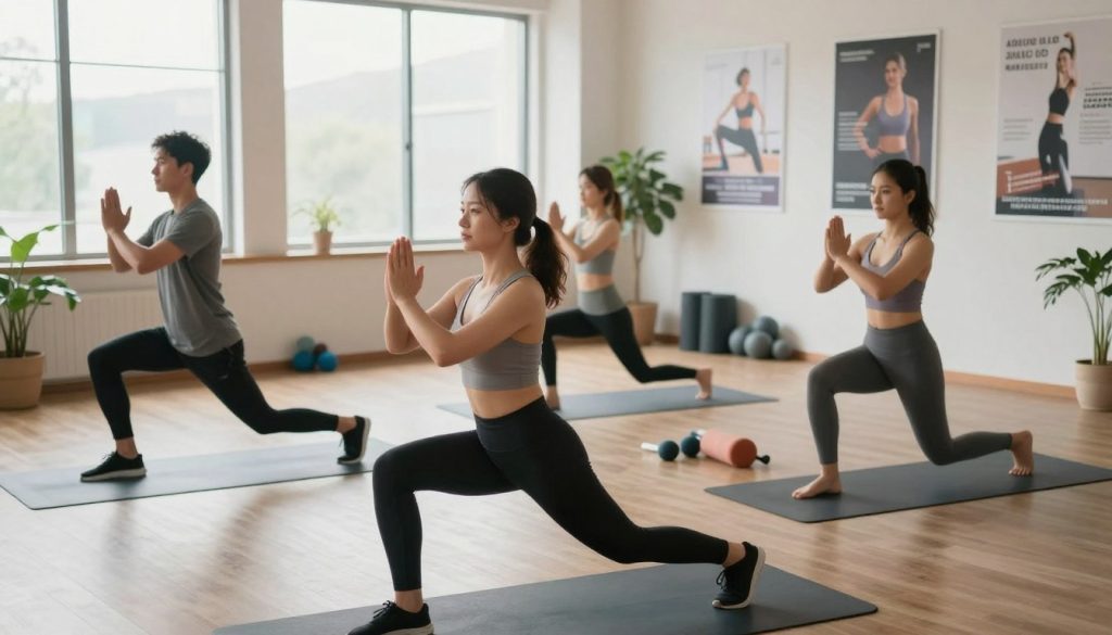 A serene indoor fitness studio setting with large windows allowing soft, natural light to fill the space. In the foreground, a diverse group of three individuals in professional workout attire engages in various lower body mobility exercises, such as lunges, leg swings, and seated stretches, showcasing correct postures and techniques. The middle ground features yoga mats and fitness props scattered, emphasizing a focused and energetic atmosphere. In the background, motivational posters on the walls promote health and wellness themes, with potted plants adding a touch of greenery. The overall mood is one of empowerment and positivity, encouraging viewers to embrace joint mobility practices for improved flexibility and movement. The image captures a dynamic action shot from a slightly elevated angle to create depth and movement. A serene indoor fitness studio setting with large windows allowing soft, natural light to fill the space. In the foreground, a diverse group of three individuals in professional workout attire engages in various lower body mobility exercises, such as lunges, leg swings, and seated stretches, showcasing correct postures and techniques. The middle ground features yoga mats and fitness props scattered, emphasizing a focused and energetic atmosphere. In the background, motivational posters on the walls promote health and wellness themes, with potted plants adding a touch of greenery. The overall mood is one of empowerment and positivity, encouraging viewers to embrace joint mobility practices for improved flexibility and movement. The image captures a dynamic action shot from a slightly elevated angle to create depth and movement.