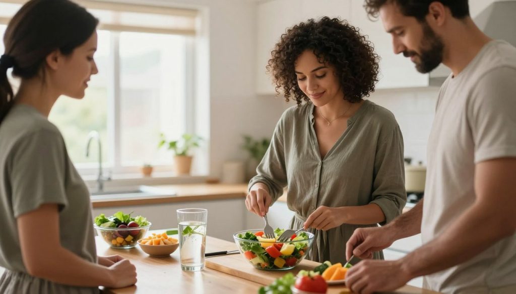 A serene kitchen environment showcasing healthy lifestyle choices for losing body fat naturally. In the foreground, a diverse group of three people dressed in modest, casual clothing—two adults, one male and one female, both engaged in preparing a colorful, fresh salad with fruits and vegetables, emphasizing healthy eating. The middle ground features a table with various healthy snacks and a large glass of infused water. In the background, a window allows soft, natural light to flood the room, creating a warm atmosphere. The overall mood is positive and encouraging, portraying the concept of sustainability in weight loss. The scene captures the essence of community and healthy habits while emphasizing the importance of avoiding common mistakes in fat loss journeys. A serene kitchen environment showcasing healthy lifestyle choices for losing body fat naturally. In the foreground, a diverse group of three people dressed in modest, casual clothing—two adults, one male and one female, both engaged in preparing a colorful, fresh salad with fruits and vegetables, emphasizing healthy eating. The middle ground features a table with various healthy snacks and a large glass of infused water. In the background, a window allows soft, natural light to flood the room, creating a warm atmosphere. The overall mood is positive and encouraging, portraying the concept of sustainability in weight loss. The scene captures the essence of community and healthy habits while emphasizing the importance of avoiding common mistakes in fat loss journeys.