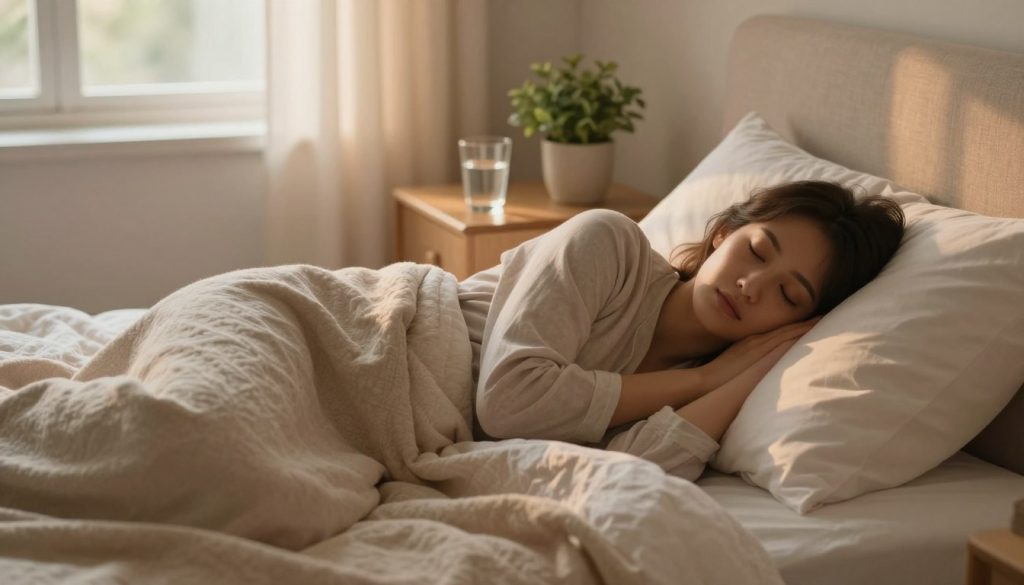 A tranquil bedroom scene emphasizing the theme of rest and sleep recovery. In the foreground, a comfortably made bed with soft, fluffy pillows and a warm, inviting blanket. A peaceful figure, dressed in modest loungewear, is gently sleeping, embodying serene relaxation. In the middle ground, a bedside table holds an elegant glass of water and a small potted plant, enhancing the atmosphere of calmness. The background features soft, diffused lighting from a nearby window, casting a warm glow that highlights the cozy ambiance. Subtle shadows add depth, while hints of nature can be seen through the window, suggesting a peaceful outdoor environment. Overall, the mood is soothing and restorative, inviting viewers to embrace the importance of rest in recovery. A tranquil bedroom scene emphasizing the theme of rest and sleep recovery. In the foreground, a comfortably made bed with soft, fluffy pillows and a warm, inviting blanket. A peaceful figure, dressed in modest loungewear, is gently sleeping, embodying serene relaxation. In the middle ground, a bedside table holds an elegant glass of water and a small potted plant, enhancing the atmosphere of calmness. The background features soft, diffused lighting from a nearby window, casting a warm glow that highlights the cozy ambiance. Subtle shadows add depth, while hints of nature can be seen through the window, suggesting a peaceful outdoor environment. Overall, the mood is soothing and restorative, inviting viewers to embrace the importance of rest in recovery.