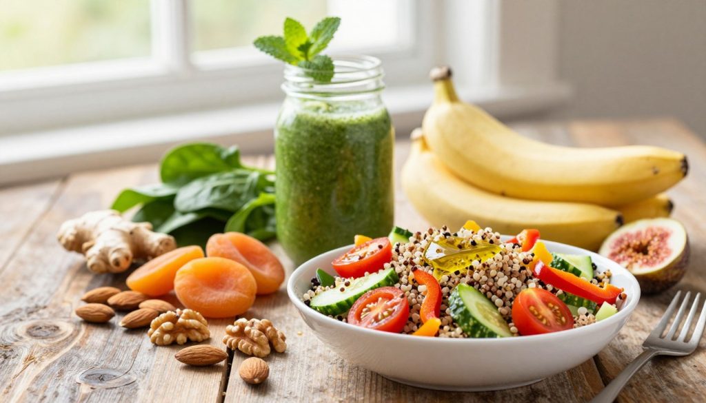 A vibrant and appealing arrangement of healthy foods displayed on a rustic wooden table. In the foreground, a rich bowl of colorful quinoa salad with fresh vegetables like cherry tomatoes, cucumbers, and bell peppers, topped with a drizzle of olive oil. To the side, a selection of energy-boosting snacks—raw almonds, walnuts, and dried fruits like apricots and figs. In the middle, a bright smoothie jar filled with spinach, banana, and a hint of ginger, adorned with a mint leaf. In the background, soft morning light filters through a window, casting gentle shadows and enhancing the freshness of the scene. The mood is inviting and energizing, pervaded by a sense of health and vitality, perfect for a focus on nutrition. A vibrant and appealing arrangement of healthy foods displayed on a rustic wooden table. In the foreground, a rich bowl of colorful quinoa salad with fresh vegetables like cherry tomatoes, cucumbers, and bell peppers, topped with a drizzle of olive oil. To the side, a selection of energy-boosting snacks—raw almonds, walnuts, and dried fruits like apricots and figs. In the middle, a bright smoothie jar filled with spinach, banana, and a hint of ginger, adorned with a mint leaf. In the background, soft morning light filters through a window, casting gentle shadows and enhancing the freshness of the scene. The mood is inviting and energizing, pervaded by a sense of health and vitality, perfect for a focus on nutrition.