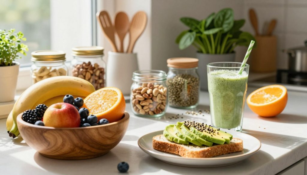 A vibrant kitchen scene showcasing a table filled with nutritious foods for muscle recovery. In the foreground, a wooden bowl overflowing with colorful fruits like bananas, berries, and oranges, alongside a plate of whole grain toast topped with avocado and a sprinkle of seeds. A protein shake in a stylish glass, featuring fresh spinach and protein powder, sits to the side. The middle ground displays various jars of nuts and seeds, creating an inviting snack area. Natural light streams in from a window, illuminating the fresh ingredients and casting soft shadows to enhance the inviting atmosphere. In the background, kitchen utensils and a potted herb plant add a homely feel, contributing to a sense of wellness and vitality. Capture a warm, motivational mood that emphasizes health and recovery. A vibrant kitchen scene showcasing a table filled with nutritious foods for muscle recovery. In the foreground, a wooden bowl overflowing with colorful fruits like bananas, berries, and oranges, alongside a plate of whole grain toast topped with avocado and a sprinkle of seeds. A protein shake in a stylish glass, featuring fresh spinach and protein powder, sits to the side. The middle ground displays various jars of nuts and seeds, creating an inviting snack area. Natural light streams in from a window, illuminating the fresh ingredients and casting soft shadows to enhance the inviting atmosphere. In the background, kitchen utensils and a potted herb plant add a homely feel, contributing to a sense of wellness and vitality. Capture a warm, motivational mood that emphasizes health and recovery.