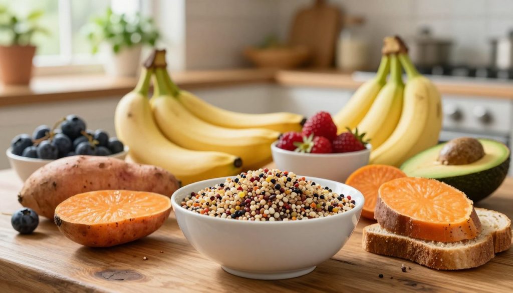 A vibrant still life featuring an array of energy-boosting foods, prominently displayed on a rustic wooden table. In the foreground, showcase a bowl filled with colorful quinoa, sweet potatoes, and whole grain bread slices, each item glistening under a soft, natural light. The middle ground highlights a selection of fresh fruits like bananas, berries, and avocados, rich in nutrients, arranged artistically. In the background, a blurred scene of a cozy kitchen with herbs growing in sunlit windows, enhancing the atmosphere of health and vitality. The composition should evoke a sense of warmth and energy, capturing the essence of complex carbohydrates that fuel the brain. Use a warm color palette to create an inviting and energizing mood. A vibrant still life featuring an array of energy-boosting foods, prominently displayed on a rustic wooden table. In the foreground, showcase a bowl filled with colorful quinoa, sweet potatoes, and whole grain bread slices, each item glistening under a soft, natural light. The middle ground highlights a selection of fresh fruits like bananas, berries, and avocados, rich in nutrients, arranged artistically. In the background, a blurred scene of a cozy kitchen with herbs growing in sunlit windows, enhancing the atmosphere of health and vitality. The composition should evoke a sense of warmth and energy, capturing the essence of complex carbohydrates that fuel the brain. Use a warm color palette to create an inviting and energizing mood.