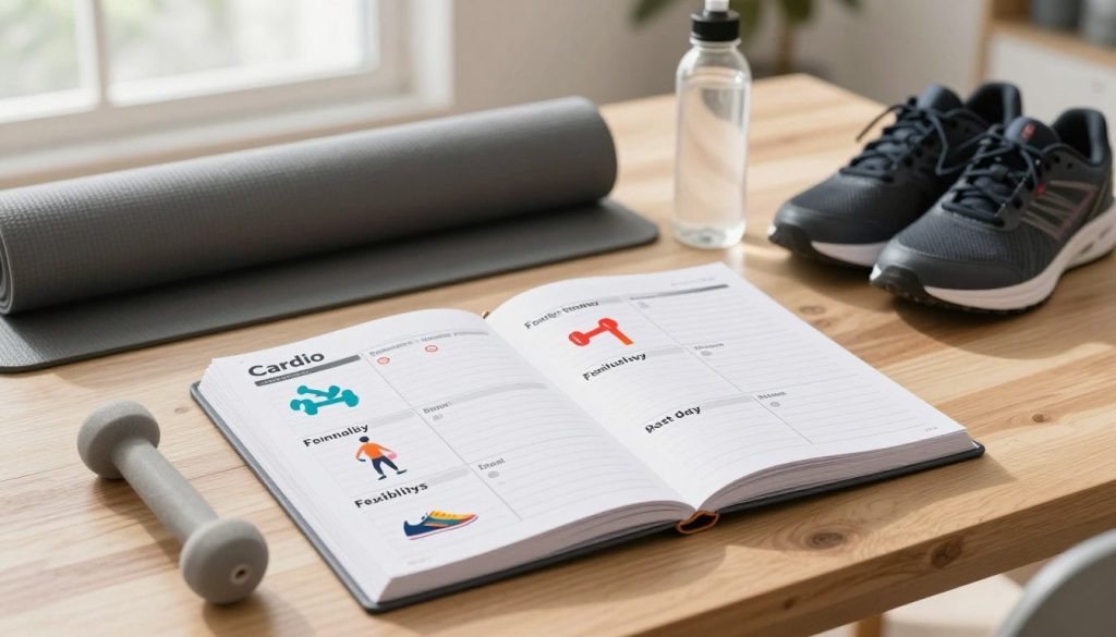 A visually engaging weekly workout plan designed for beginners, set on a clean, modern wooden table. In the foreground, a neatly organized planner opened to show a detailed weekly layout with sections for different workout types: cardio, strength training, flexibility, and rest days. Each section should showcase colorful icons and symbols representing exercises, like dumbbells and running shoes. In the middle ground, a yoga mat and a water bottle add realism, while a pair of athletic shoes sits nearby. The background features soft natural lighting streaming through a window, creating an uplifting atmosphere. The overall mood is motivational and welcoming, with a sense of order and clarity, inviting beginners to engage with their fitness journey at home. A visually engaging weekly workout plan designed for beginners, set on a clean, modern wooden table. In the foreground, a neatly organized planner opened to show a detailed weekly layout with sections for different workout types: cardio, strength training, flexibility, and rest days. Each section should showcase colorful icons and symbols representing exercises, like dumbbells and running shoes. In the middle ground, a yoga mat and a water bottle add realism, while a pair of athletic shoes sits nearby. The background features soft natural lighting streaming through a window, creating an uplifting atmosphere. The overall mood is motivational and welcoming, with a sense of order and clarity, inviting beginners to engage with their fitness journey at home.