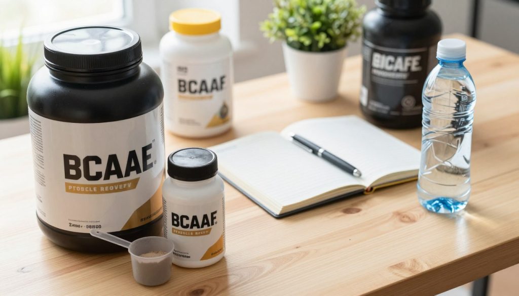 A well-arranged display of various muscle recovery supplements in a bright, well-lit setting. In the foreground, a sleek container of protein powder and a bottle of BCAAs rest on a clean, wooden surface, alongside a small scoop and a water bottle filled with refreshing, crystal-clear water. In the middle, an open notebook and a pen are elegantly placed, symbolizing workout planning and recovery strategies. In the background, subtle green plants add a touch of vitality. The lighting is natural and warm, creating an inviting atmosphere that conveys health and wellness. The angle is slightly elevated, capturing the products in a dynamic composition that invites viewers to engage with the scene, blended with a sense of energy and revitalization. A well-arranged display of various muscle recovery supplements in a bright, well-lit setting. In the foreground, a sleek container of protein powder and a bottle of BCAAs rest on a clean, wooden surface, alongside a small scoop and a water bottle filled with refreshing, crystal-clear water. In the middle, an open notebook and a pen are elegantly placed, symbolizing workout planning and recovery strategies. In the background, subtle green plants add a touch of vitality. The lighting is natural and warm, creating an inviting atmosphere that conveys health and wellness. The angle is slightly elevated, capturing the products in a dynamic composition that invites viewers to engage with the scene, blended with a sense of energy and revitalization.