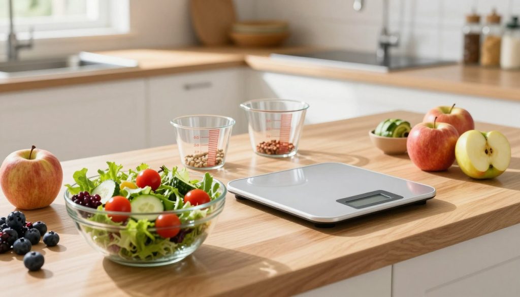 A well-organized kitchen countertop filled with healthy food options for weight loss. In the foreground, a vibrant salad bowl with mixed greens, cherry tomatoes, and sliced cucumbers, alongside fresh fruits like apples and berries. In the middle, a set of measuring cups and a digital scale indicating portion sizes, illustrating the importance of moderation. In the background, a sunny kitchen space with bright natural lighting streaming through a window, reflecting a warm and inviting atmosphere. The countertop is designed in a modern style with wooden elements. The scene captures a peaceful and motivating mood, emphasizing healthy nutrition fundamentals for beginners. A well-organized kitchen countertop filled with healthy food options for weight loss. In the foreground, a vibrant salad bowl with mixed greens, cherry tomatoes, and sliced cucumbers, alongside fresh fruits like apples and berries. In the middle, a set of measuring cups and a digital scale indicating portion sizes, illustrating the importance of moderation. In the background, a sunny kitchen space with bright natural lighting streaming through a window, reflecting a warm and inviting atmosphere. The countertop is designed in a modern style with wooden elements. The scene captures a peaceful and motivating mood, emphasizing healthy nutrition fundamentals for beginners.