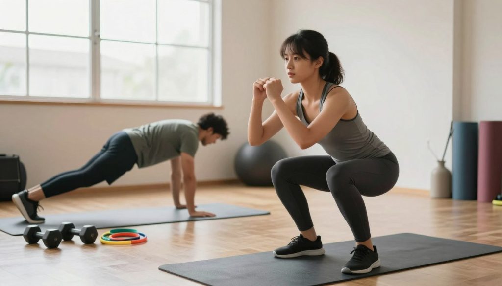 An indoor fitness scene showcasing common mistakes beginners should avoid in their workout routines. In the foreground, a focused individual in modest activewear is performing an incorrect squat, demonstrating poor form, while another person beside them, also in casual workout attire, is correctly executing a plank. In the middle ground, a variety of home fitness equipment like dumbbells, yoga mats, and resistance bands are neatly arranged, illustrating a common home gym setup. The background features a well-lit space with large windows allowing soft, natural light to flood in, enhancing the motivating atmosphere. A warm color palette evokes positivity and encouragement. The image captures both determination and a learning environment, emphasizing the importance of proper technique in fitness. An indoor fitness scene showcasing common mistakes beginners should avoid in their workout routines. In the foreground, a focused individual in modest activewear is performing an incorrect squat, demonstrating poor form, while another person beside them, also in casual workout attire, is correctly executing a plank. In the middle ground, a variety of home fitness equipment like dumbbells, yoga mats, and resistance bands are neatly arranged, illustrating a common home gym setup. The background features a well-lit space with large windows allowing soft, natural light to flood in, enhancing the motivating atmosphere. A warm color palette evokes positivity and encouragement. The image captures both determination and a learning environment, emphasizing the importance of proper technique in fitness.